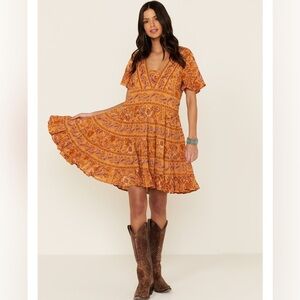 PATRONS OF PEACE Anthro Toluca Border Orange Yellow Paisley Tiered Dress, Size S
